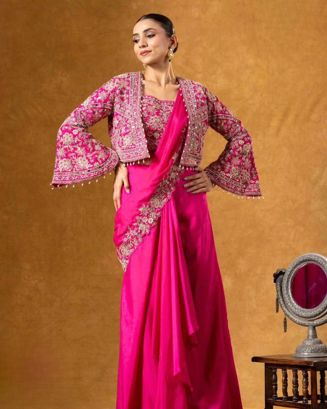 Fuchsia Rose Chinon Silk Lehenga Saree Set