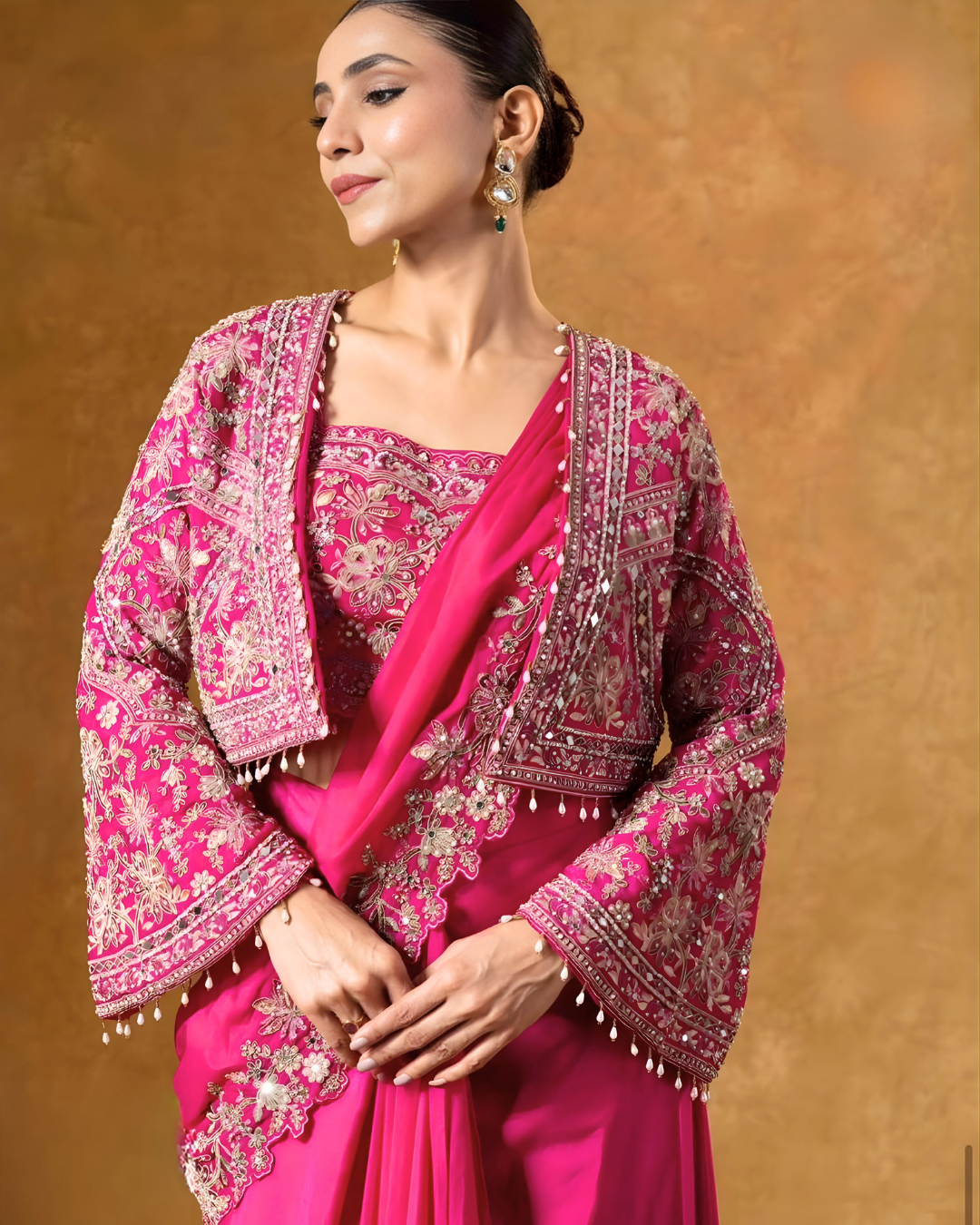 Fuchsia Rose Chinon Silk Lehenga Saree Set