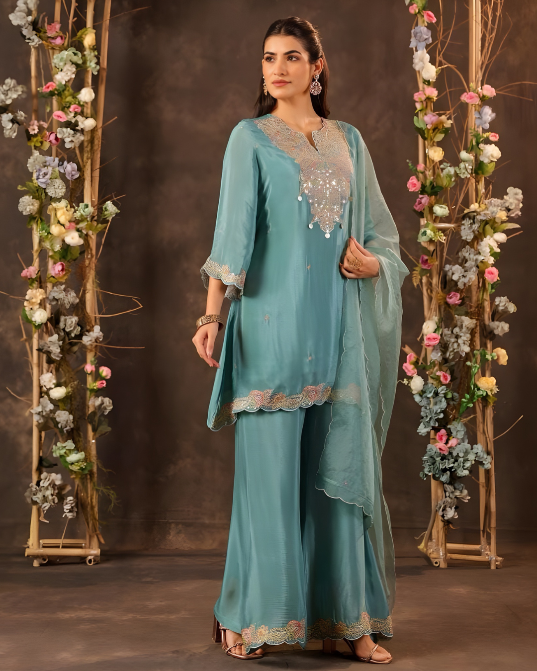 Pure Chinnon Straight Kurti Set with Embroidered Dupatta