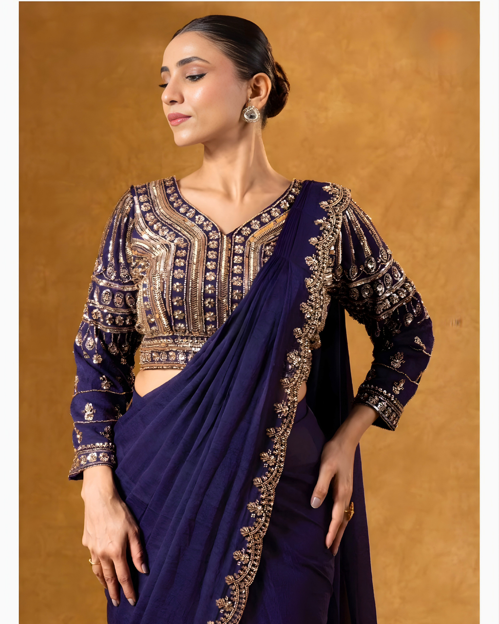 Royal Indigo Heavy Embroidered Pre-Draped Silk Saree
