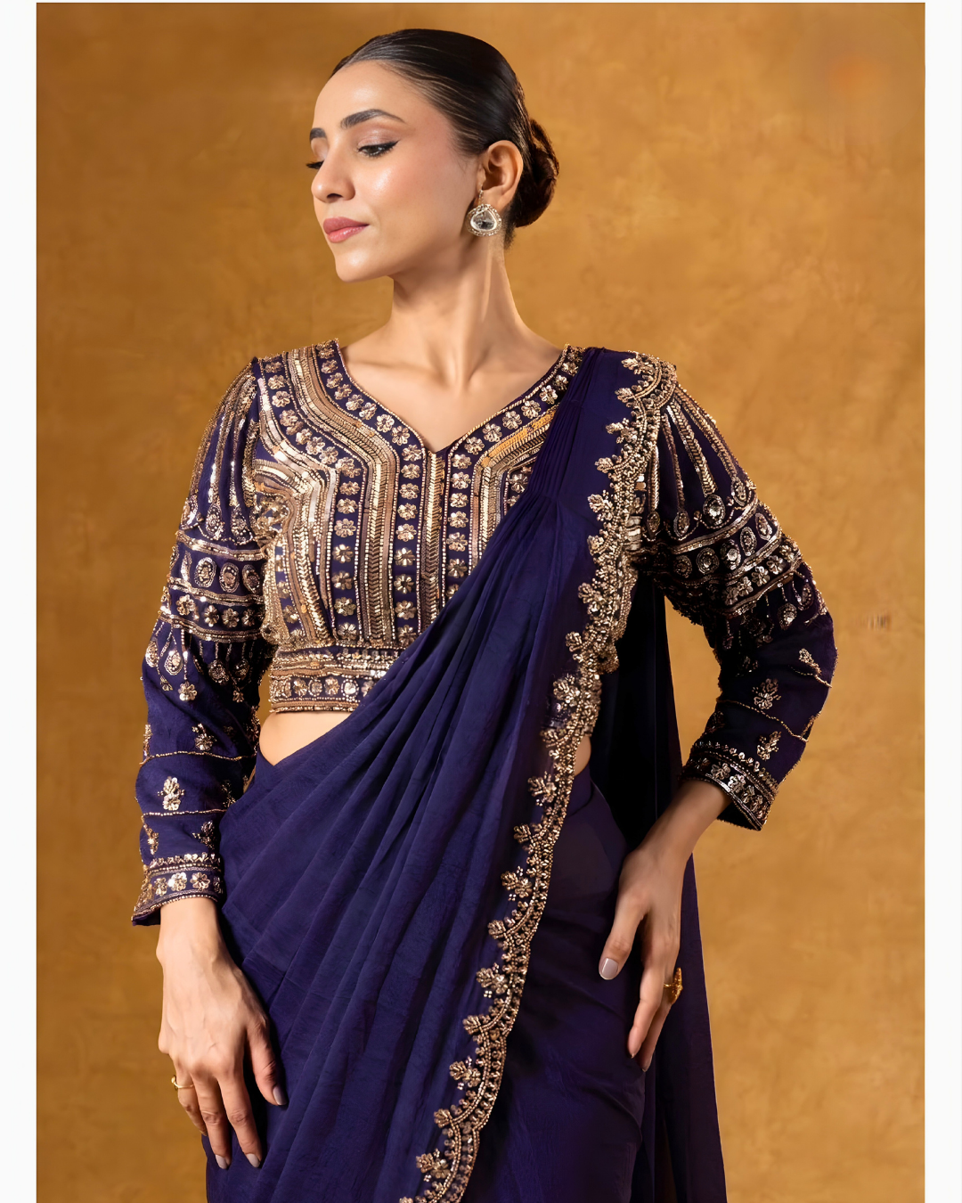 Royal Indigo Heavy Embroidered Pre-Draped Silk Saree
