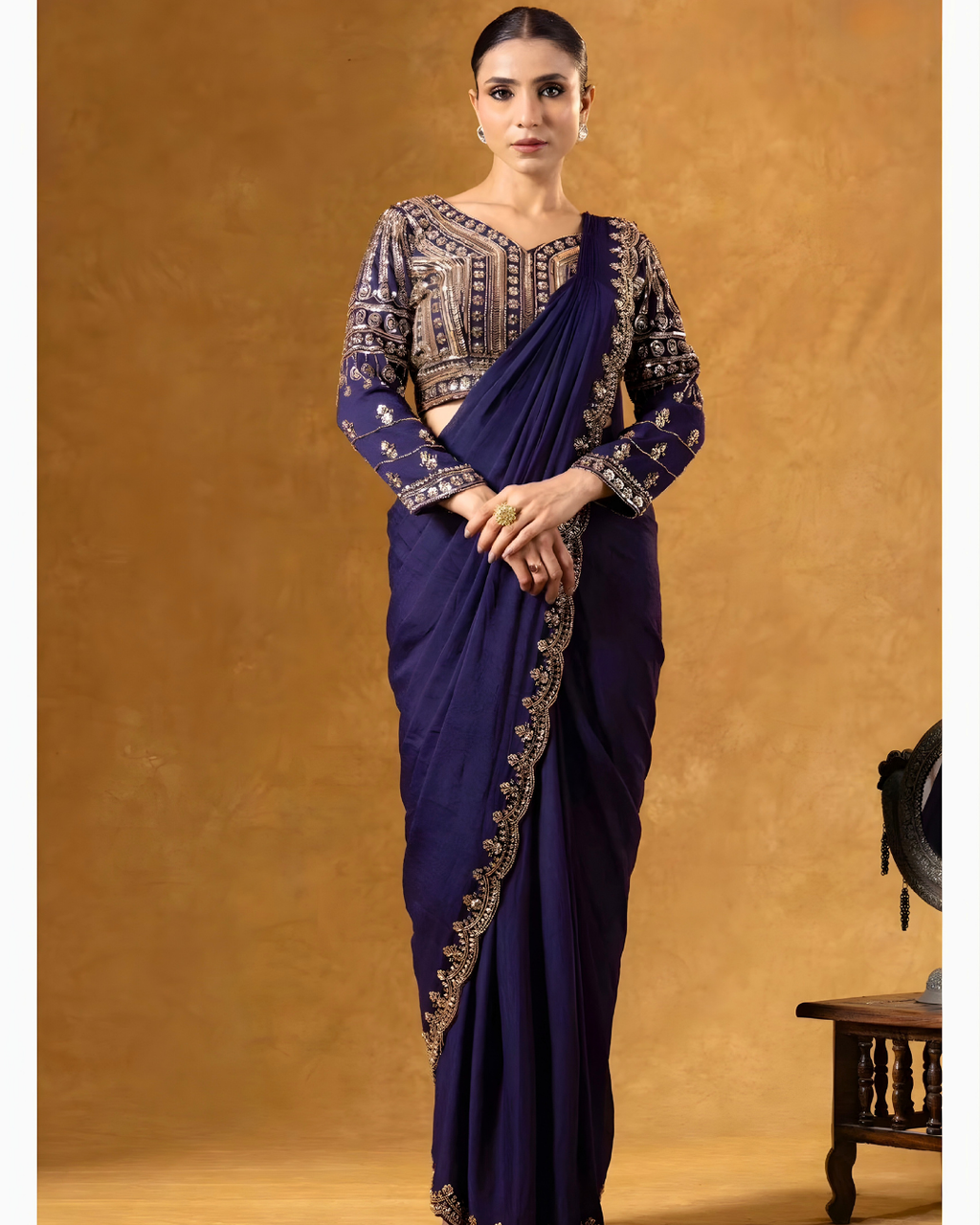 Royal Indigo Heavy Embroidered Pre-Draped Silk Saree