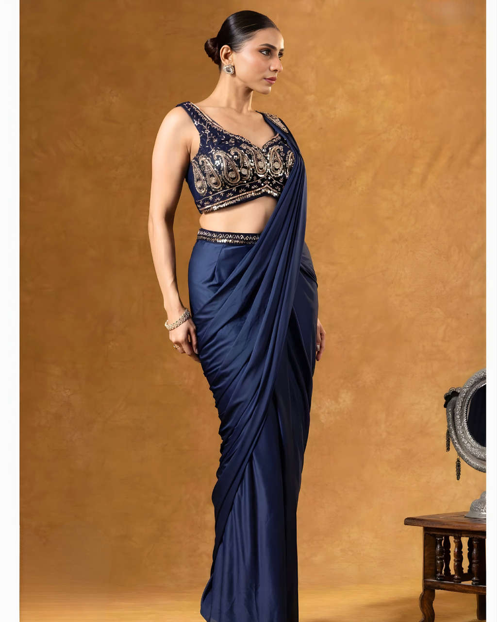 Royal Indigo Heavy Embroidered Pre-Draped Silk Saree