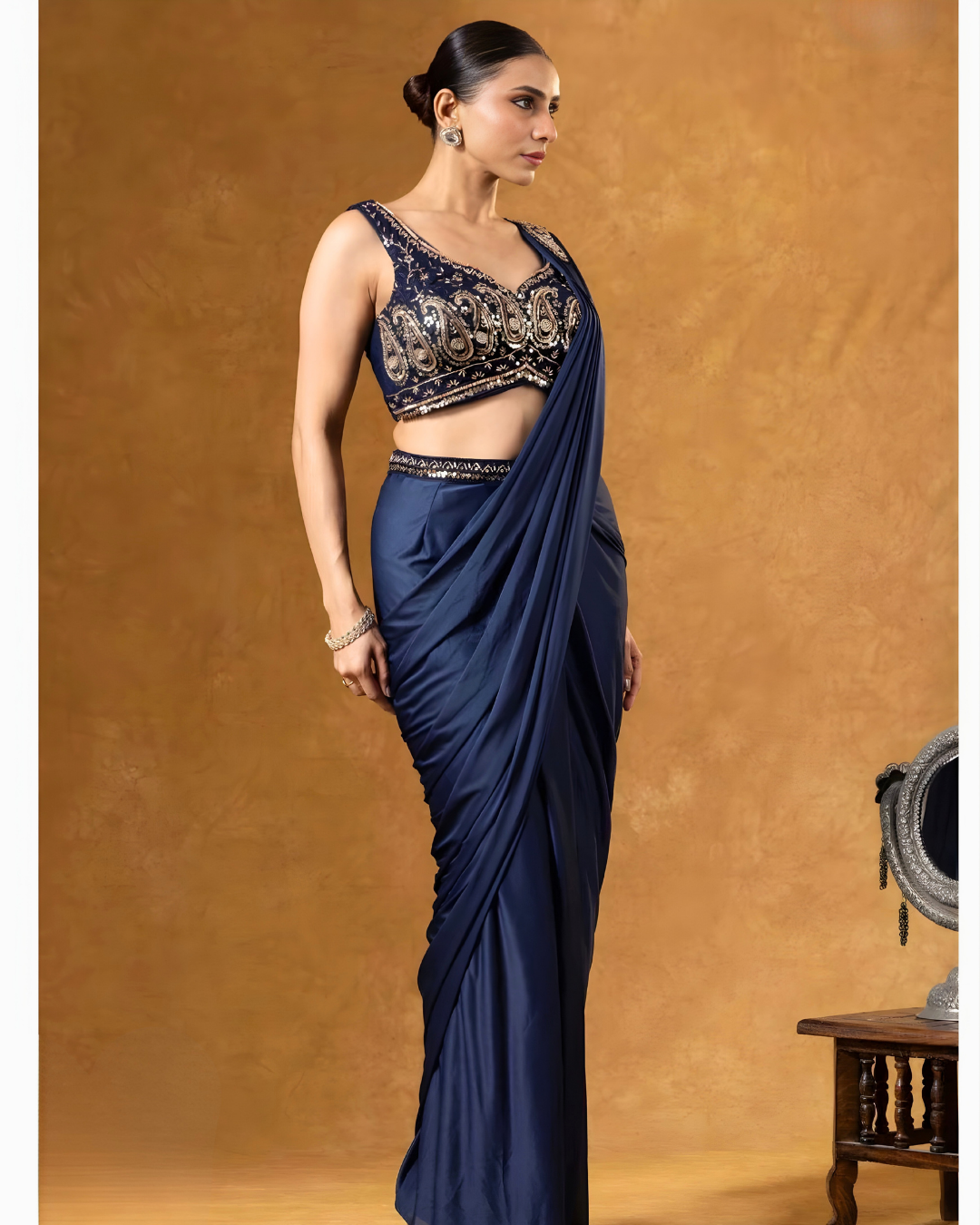 Royal Indigo Heavy Embroidered Pre-Draped Silk Saree