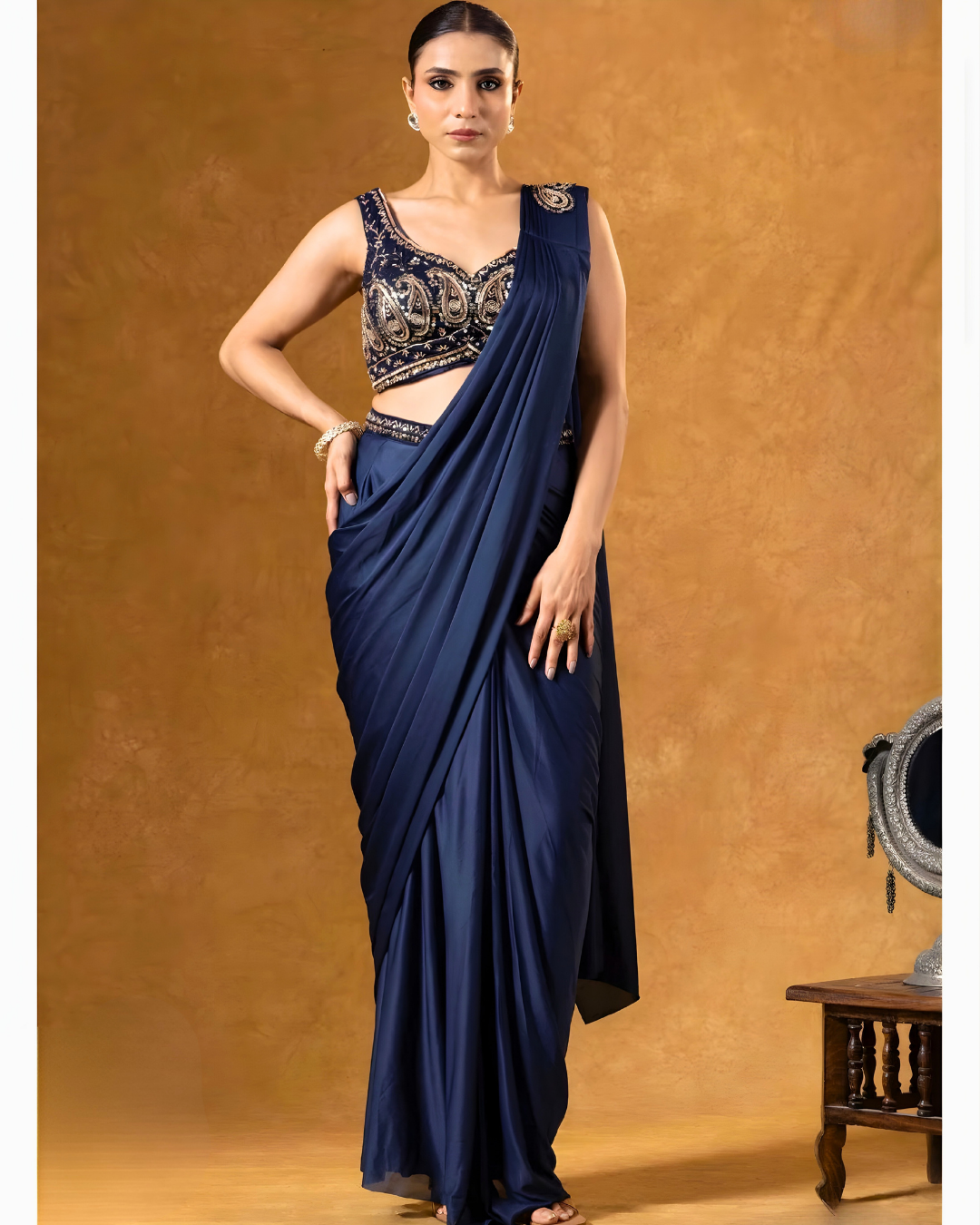 Royal Indigo Heavy Embroidered Pre-Draped Silk Saree