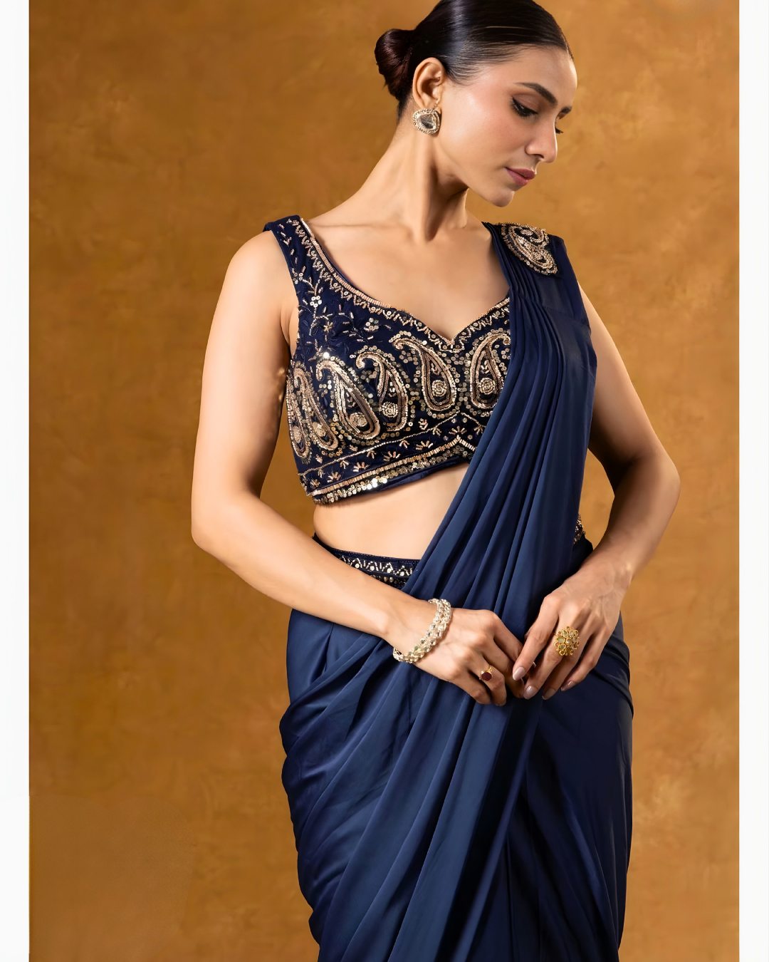 Royal Indigo Heavy Embroidered Pre-Draped Silk Saree
