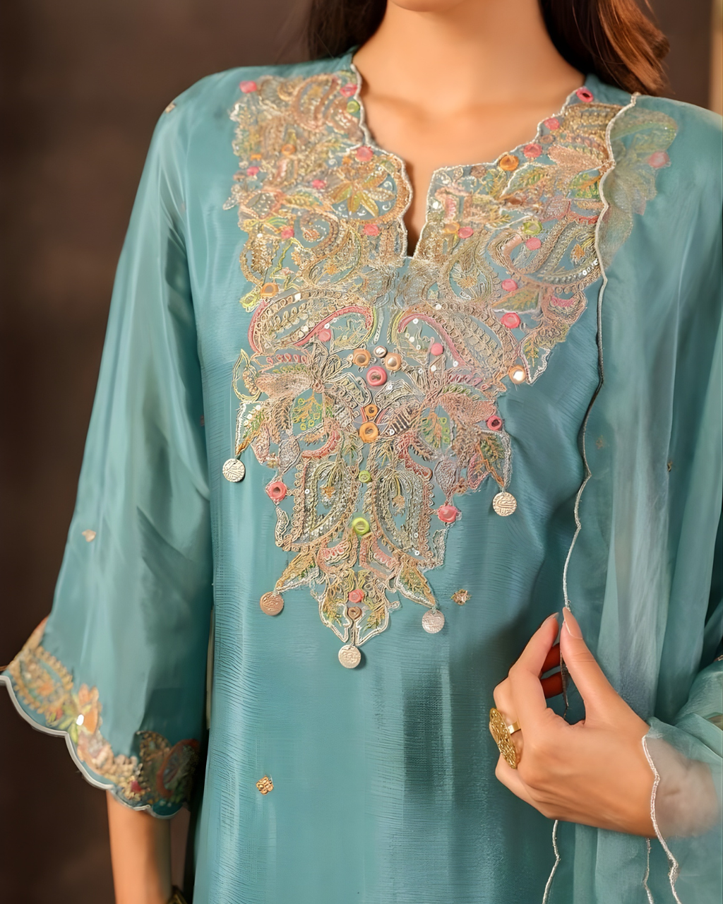 Pure Chinnon Straight Kurti Set with Embroidered Dupatta