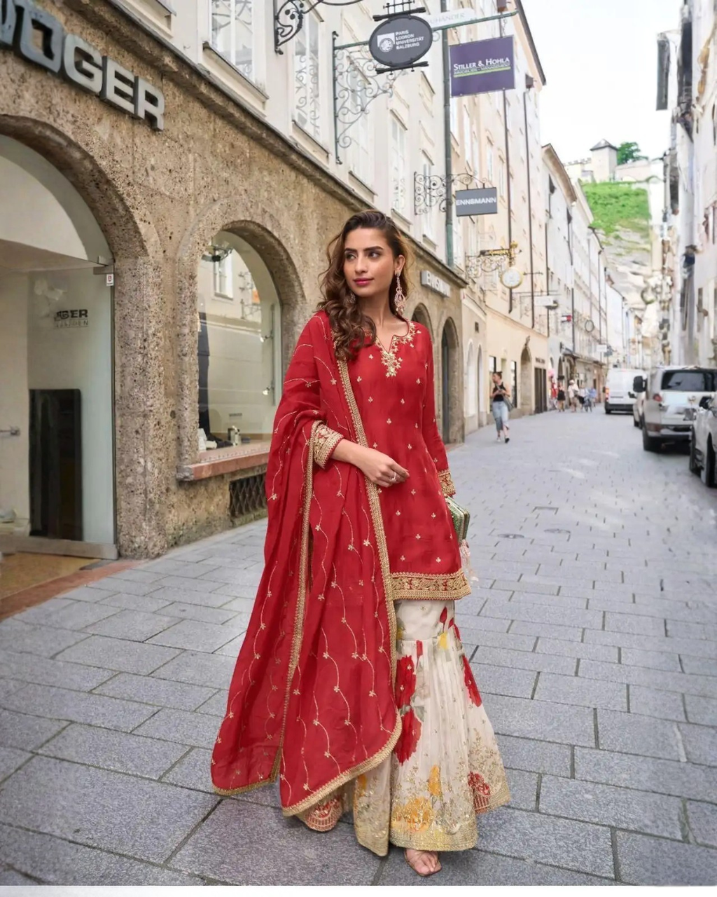 Crimson Elegance Chinon Kurta Set with Tabi Silk Palazzo