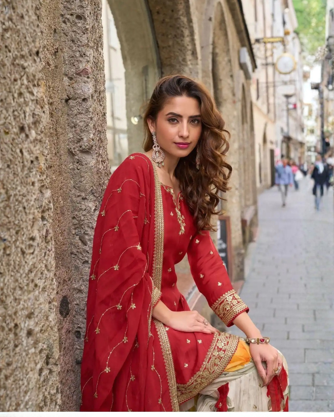 Crimson Elegance Chinon Kurta Set with Tabi Silk Palazzo