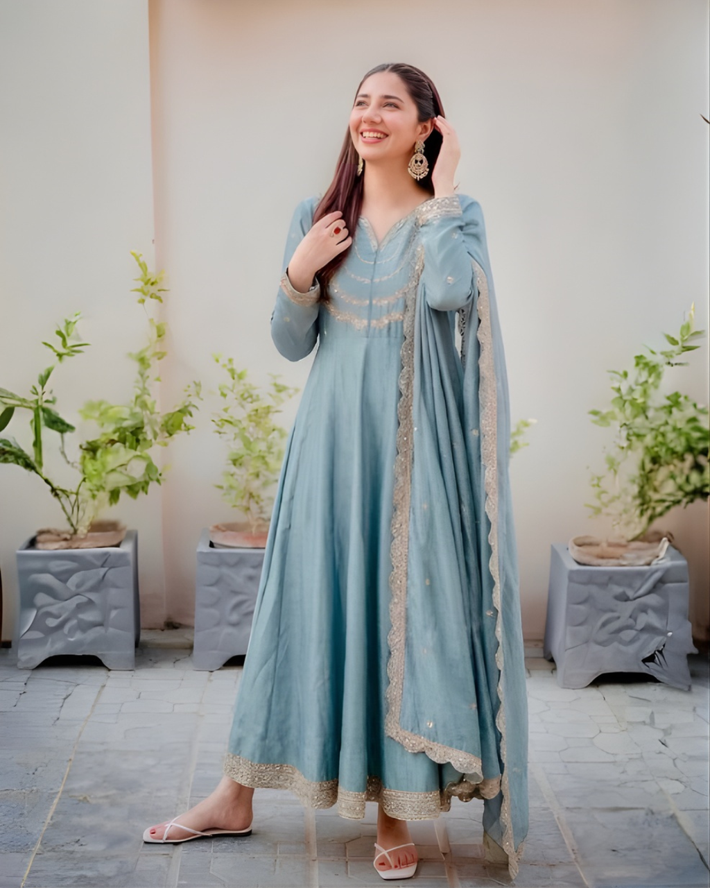 Silk Blend Embroidered Anarkali Set with Dupatta