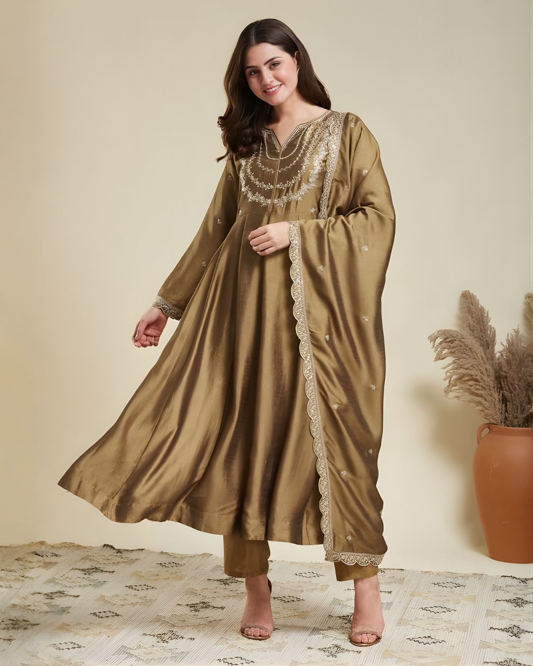 Silk Blend Embroidered Anarkali Set with Dupatta