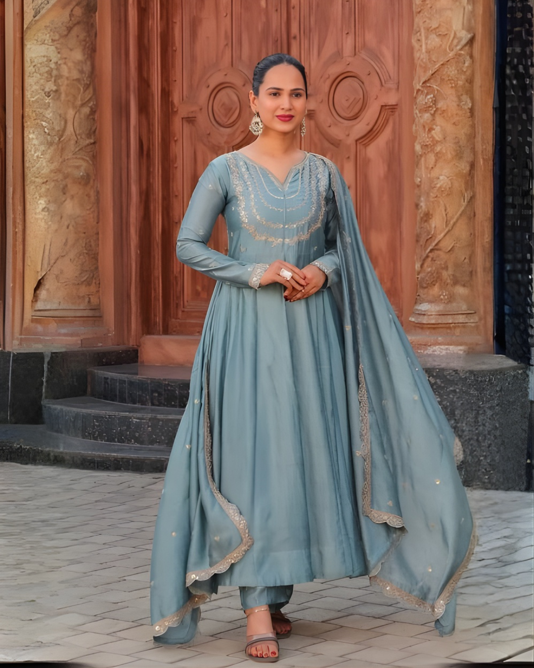Silk Blend Embroidered Anarkali Set with Dupatta