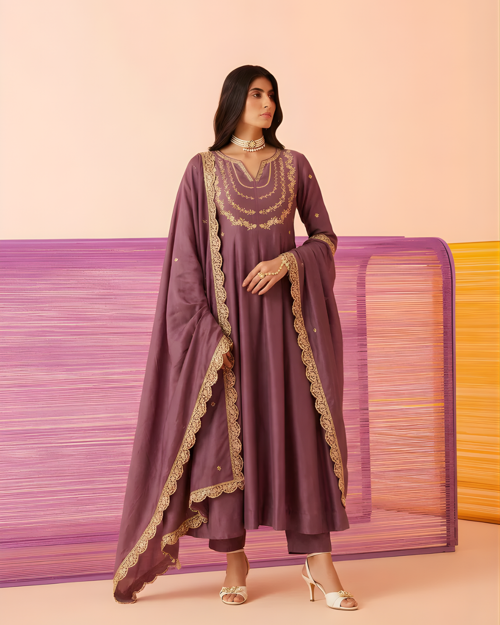 Silk Blend Embroidered Anarkali Set with Dupatta