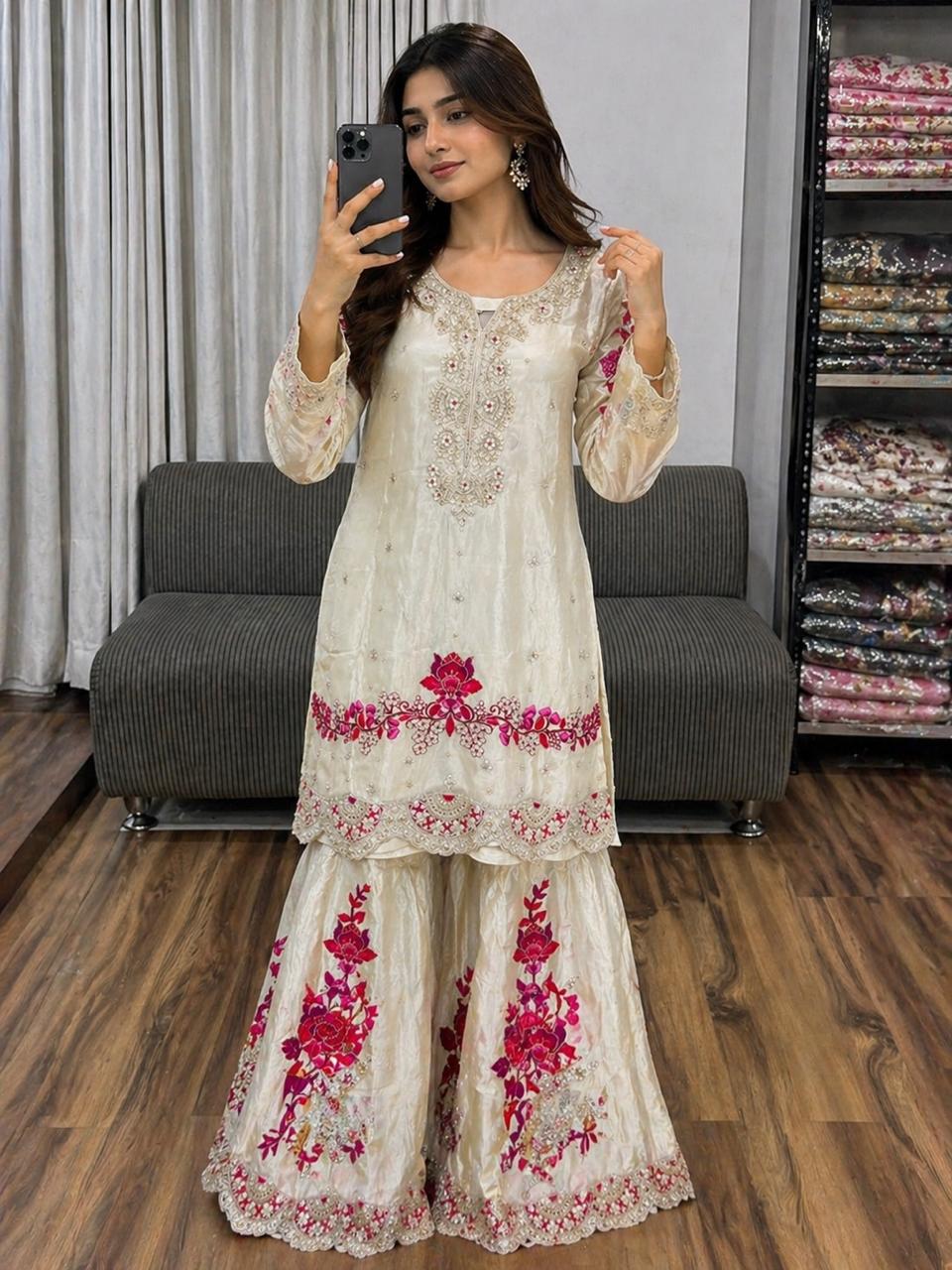 Premium tissue silk sharara