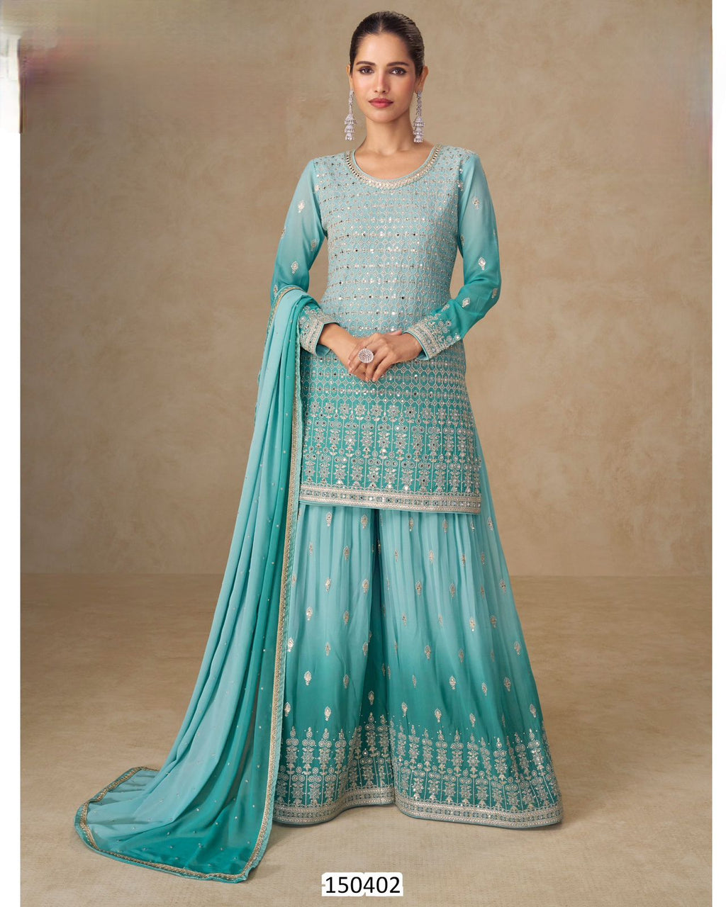 Sage Radiance Hand-Embellished Real Georgette Sharara Set