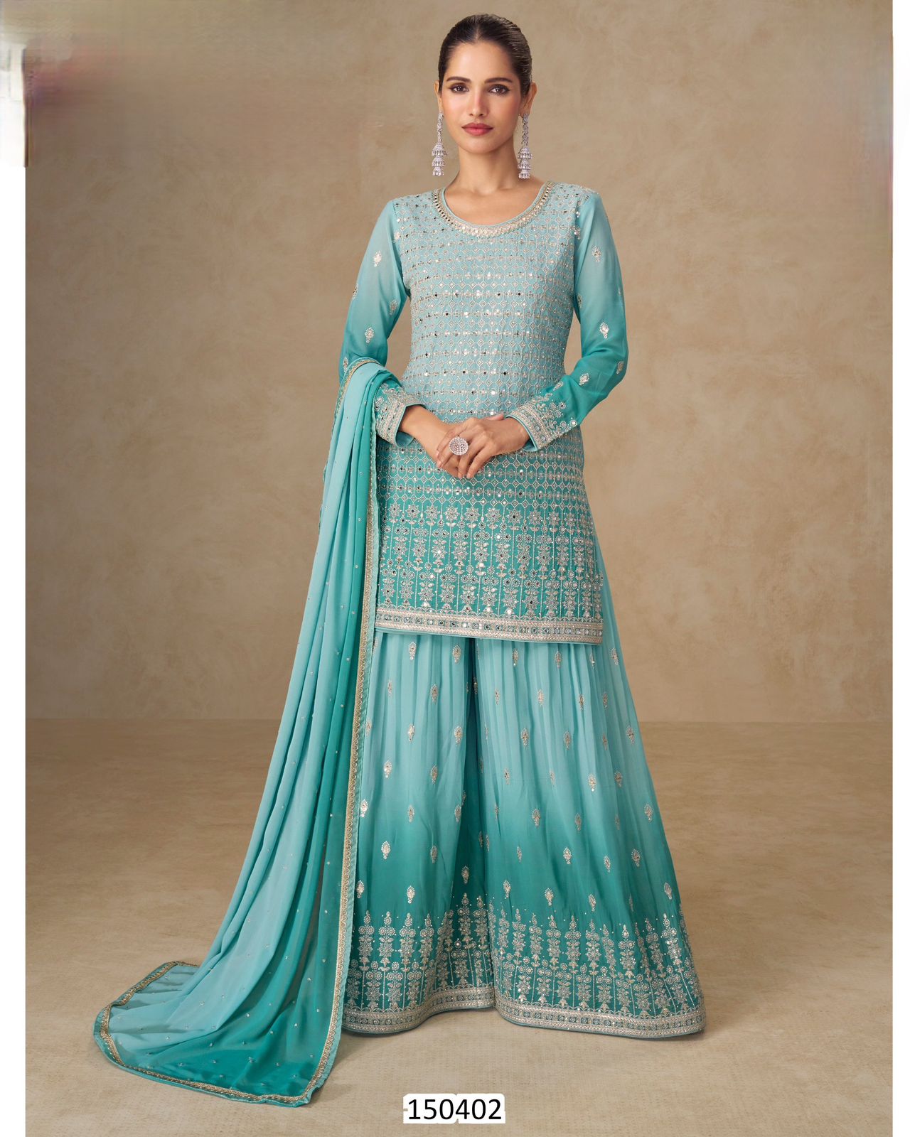 Sage Radiance Hand-Embellished Real Georgette Sharara Set