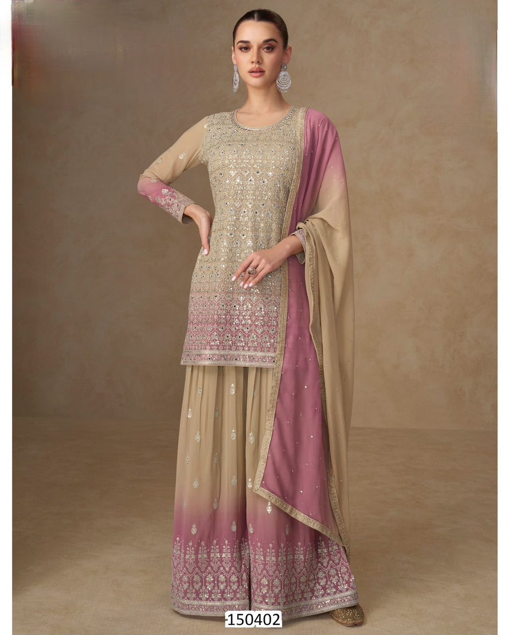 Sage Radiance Hand-Embellished Real Georgette Sharara Set
