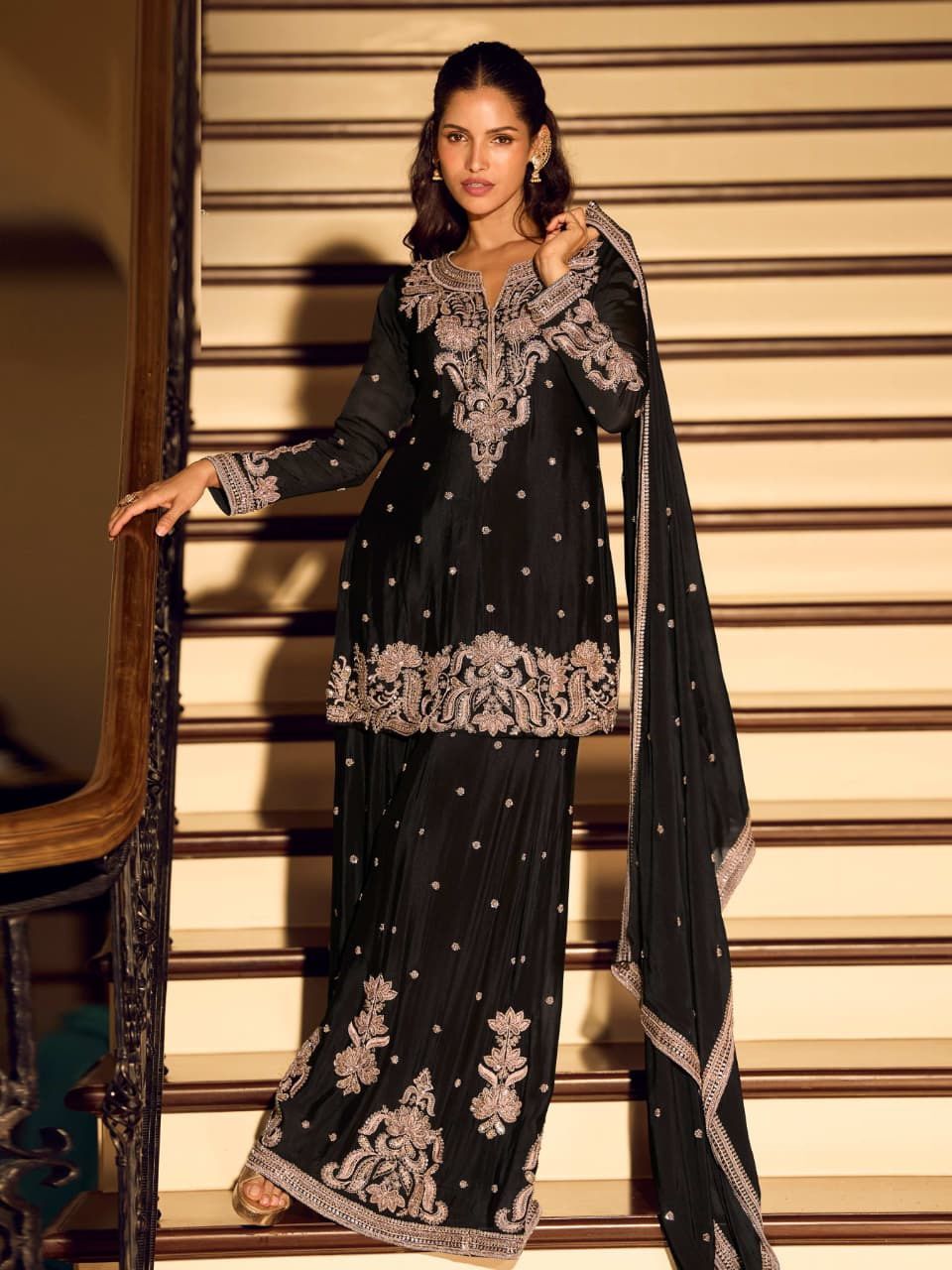 Teal Zari & Beadwork Chinon Silk Sharara Set