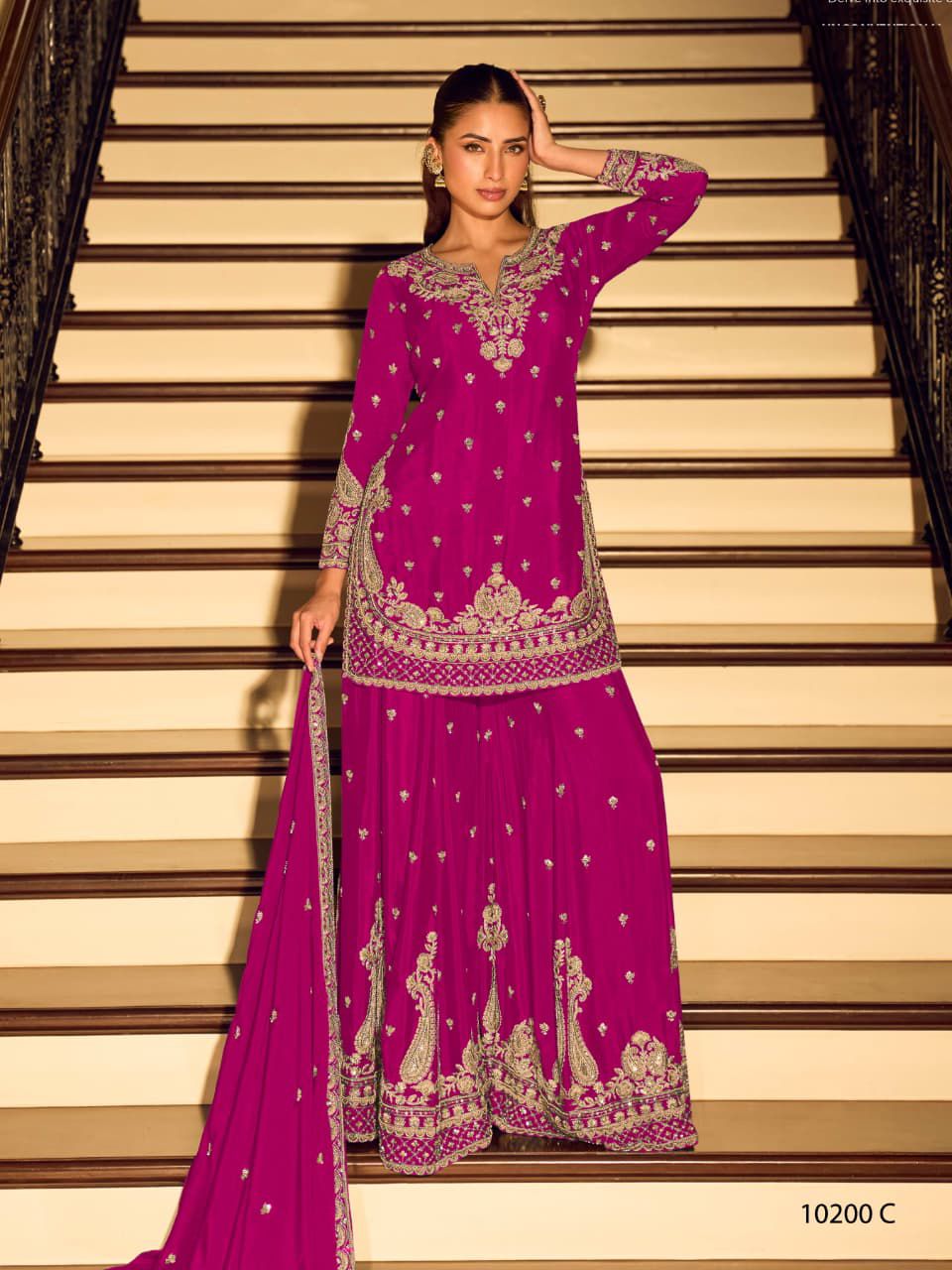 Teal Zari & Beadwork Chinon Silk Sharara Set