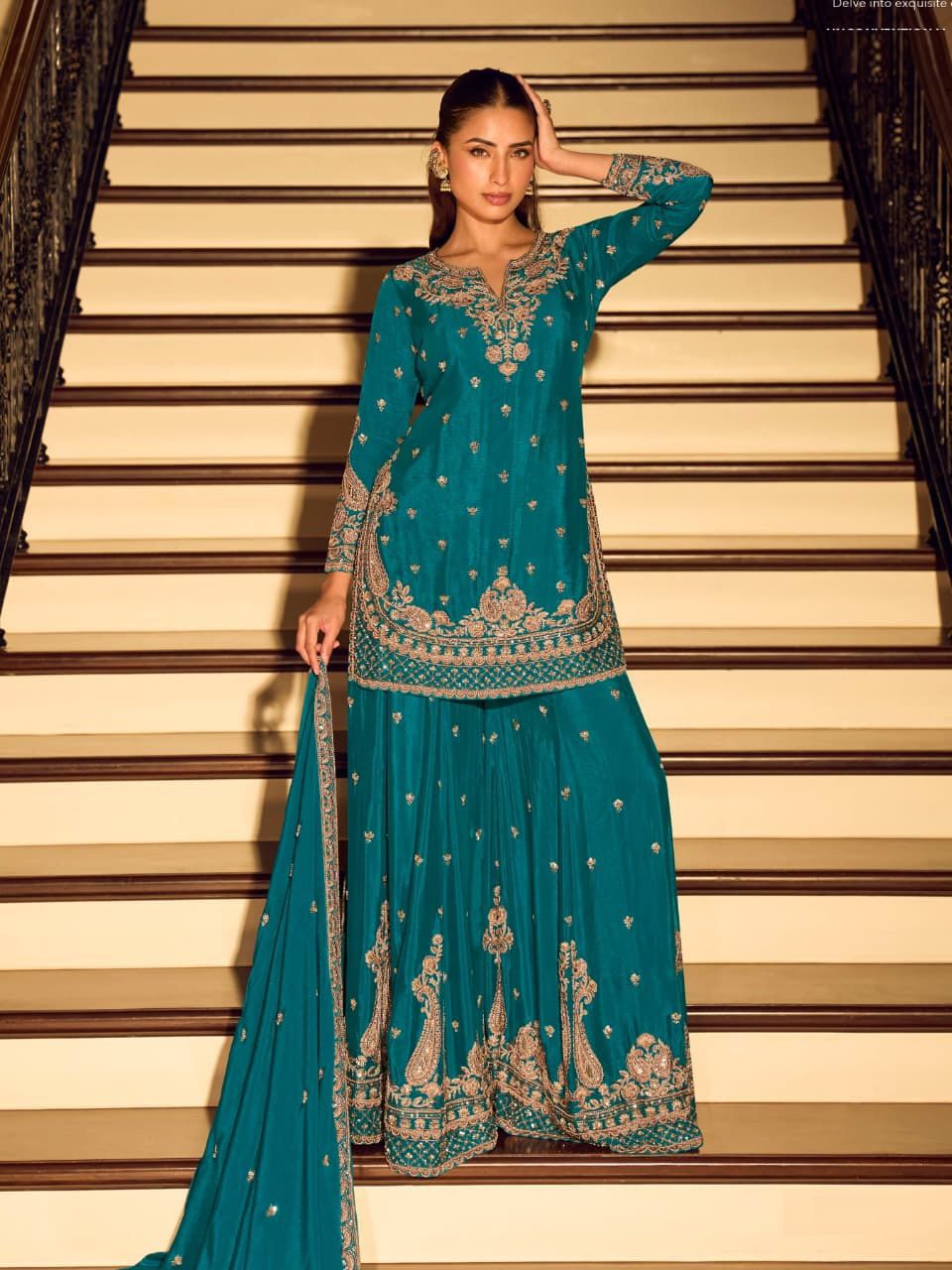 Teal Zari & Beadwork Chinon Silk Sharara Set