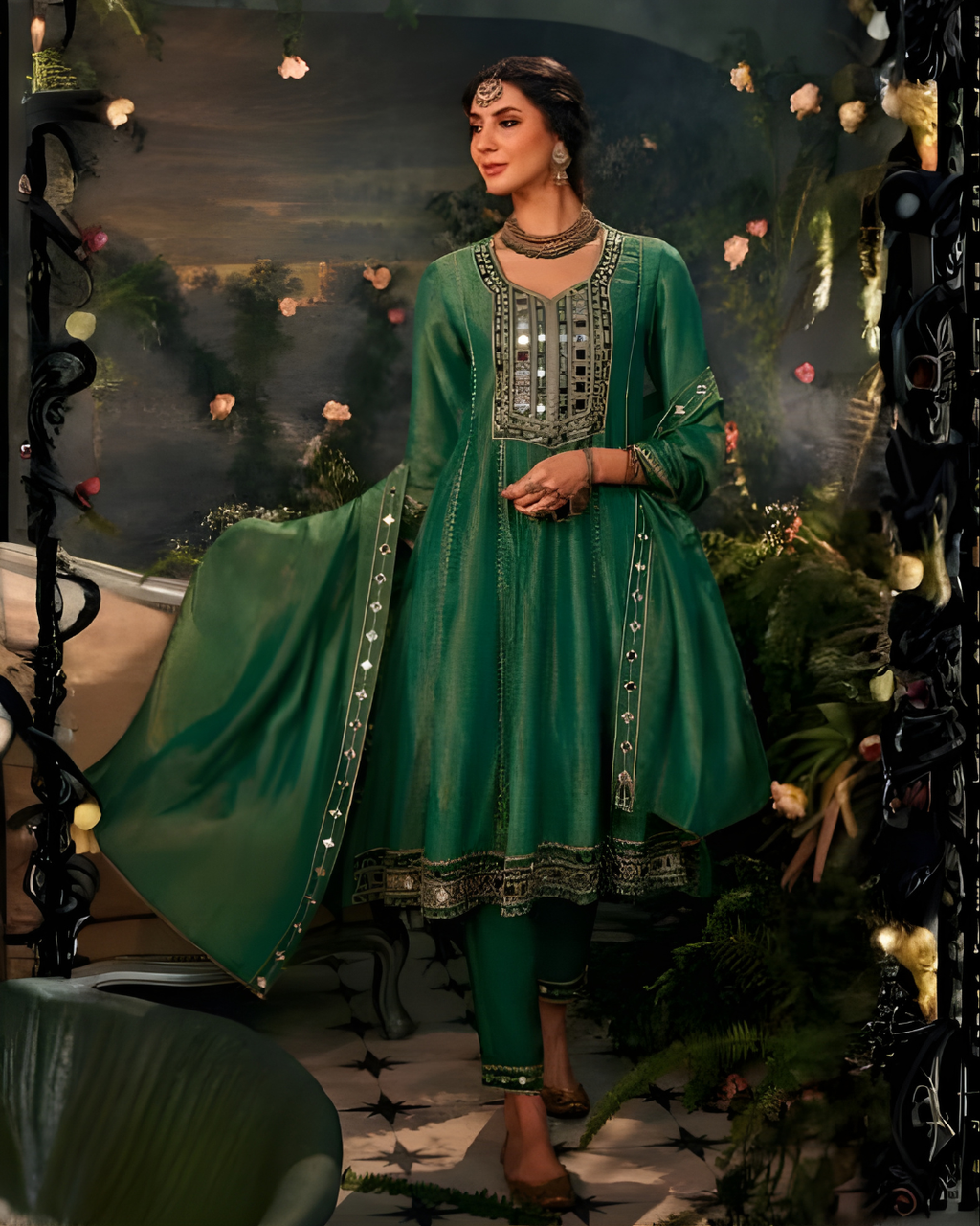 Green Mirror Work Tissue Anarkali Set