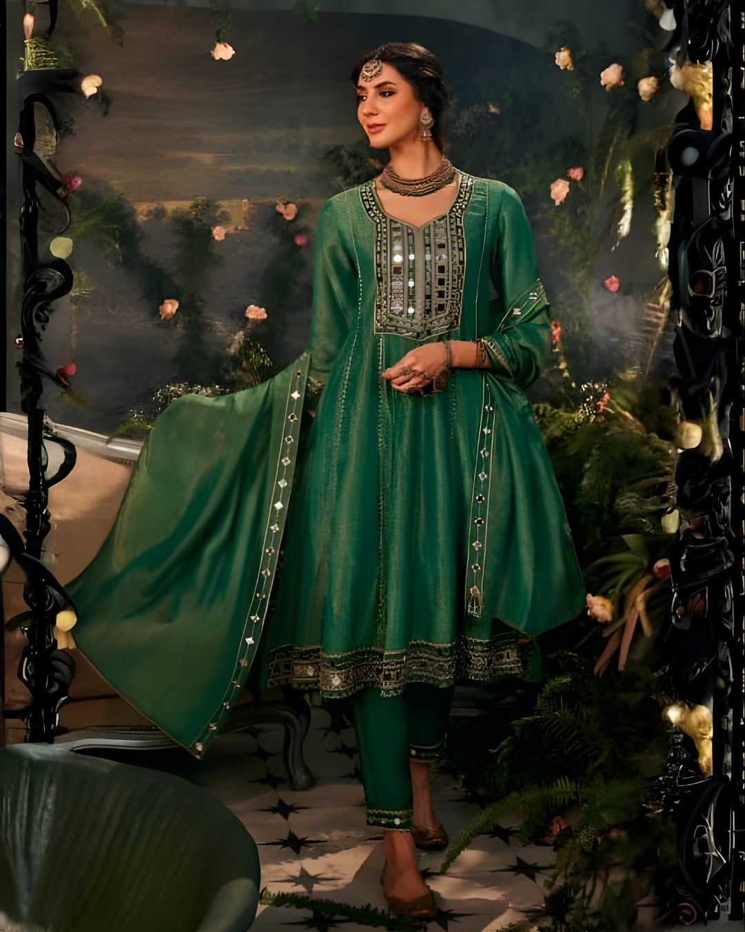 Green Mirror Work Tissue Anarkali Set