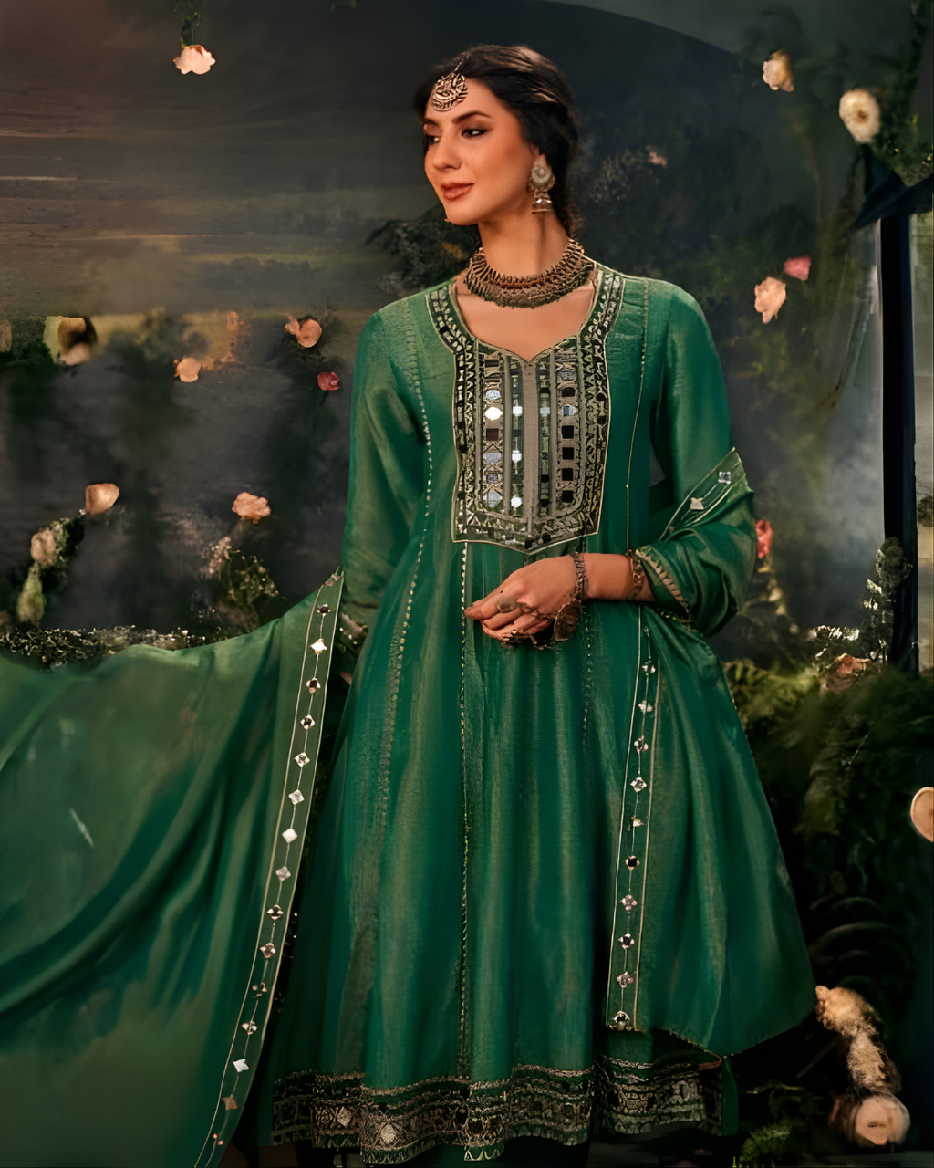 Green Mirror Work Tissue Anarkali Set