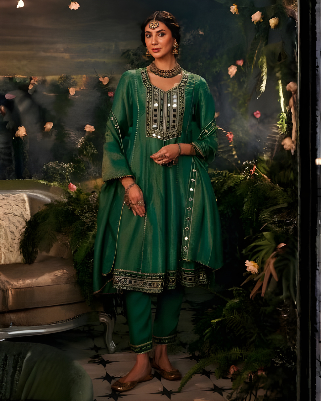 Green Mirror Work Tissue Anarkali Set