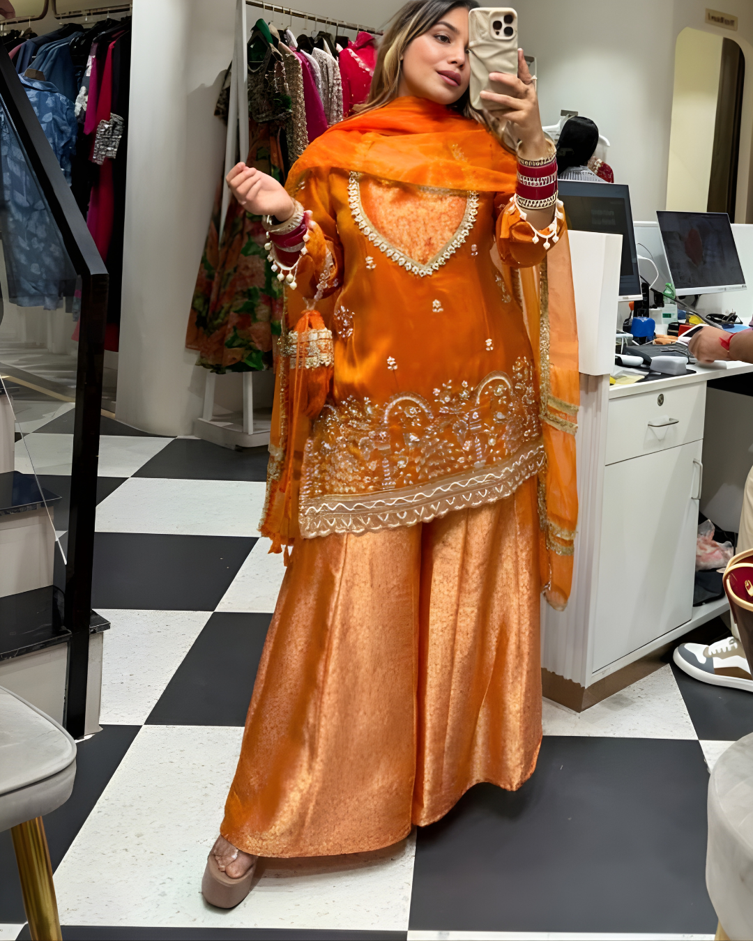 Shimmer Organza Handwork Suit Set with Brocade Palazzo